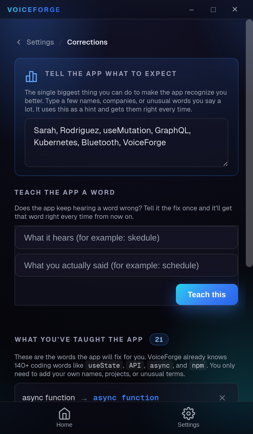 VoiceForge corrections dictionary