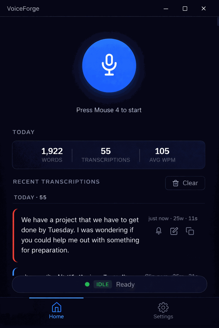VoiceForge idle, ready to capture