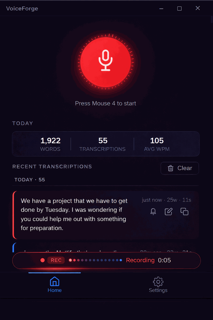 VoiceForge recording with live waveform