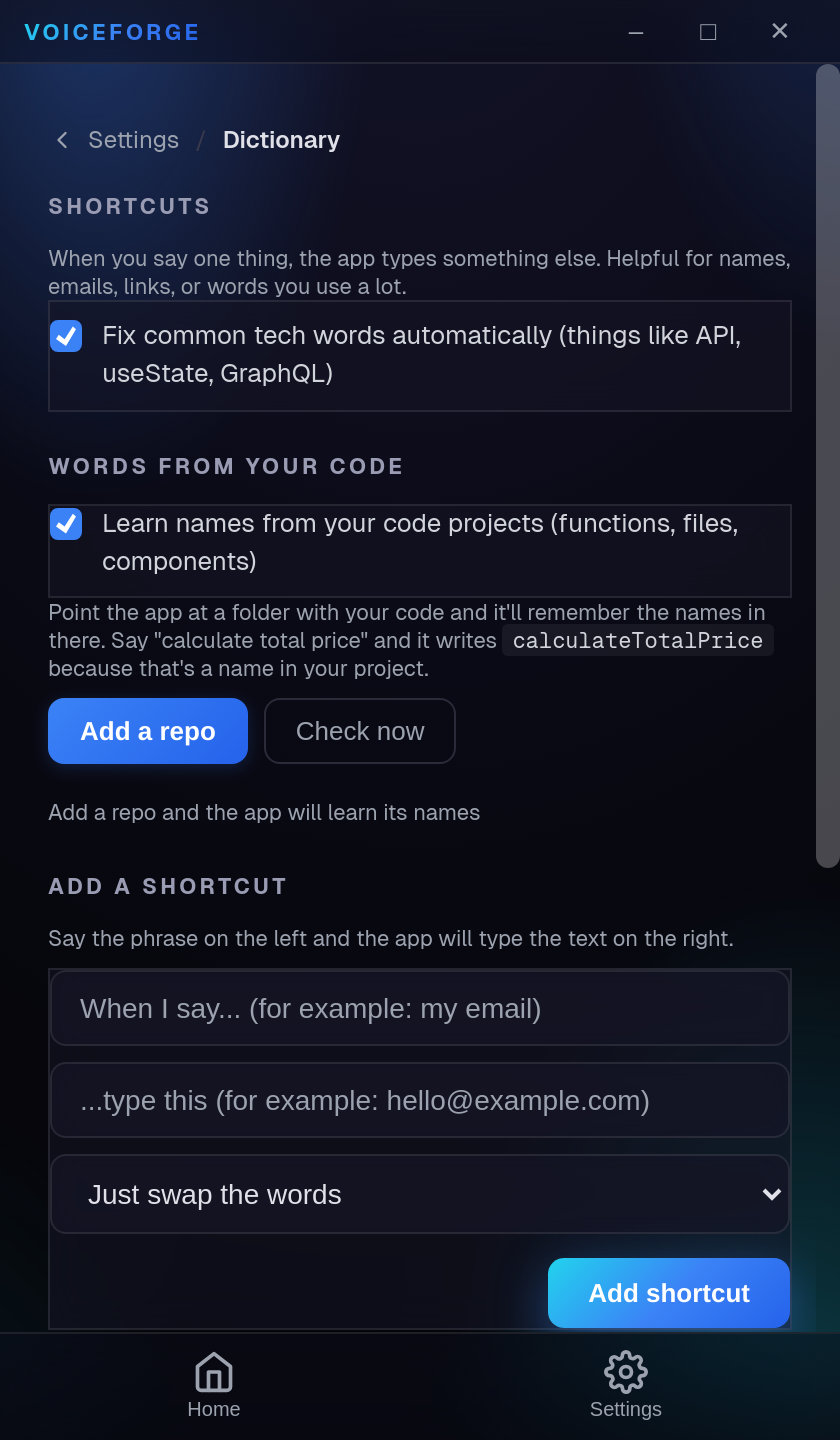VoiceForge keyboard shortcuts
